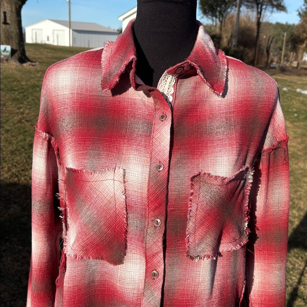 -POL Red Brown Bone Flannel Frayed Button Up Blouse Oversized Women’s Medium - Picture 7 of 13